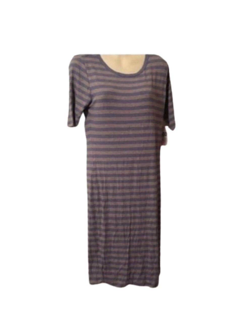 NWT LulaRoe Julia Grey‎ with Light Blue Striped Pattern Dress. Size Medium